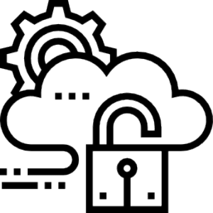 Cloud with padlock and gear icon.