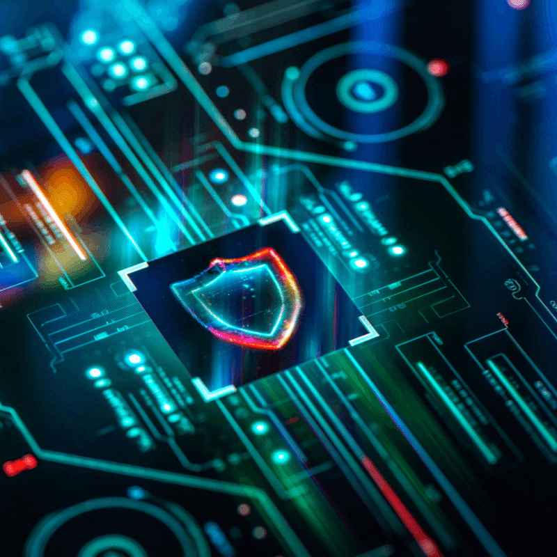 Digital shield on futuristic circuit board.