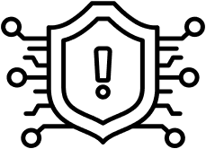 Shield with exclamation mark and circuit lines.