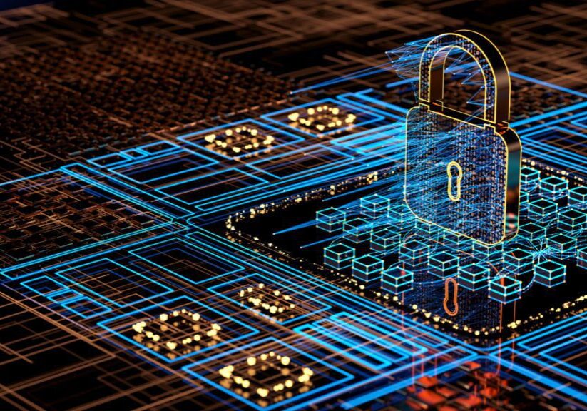 Digital padlock on circuit board design.